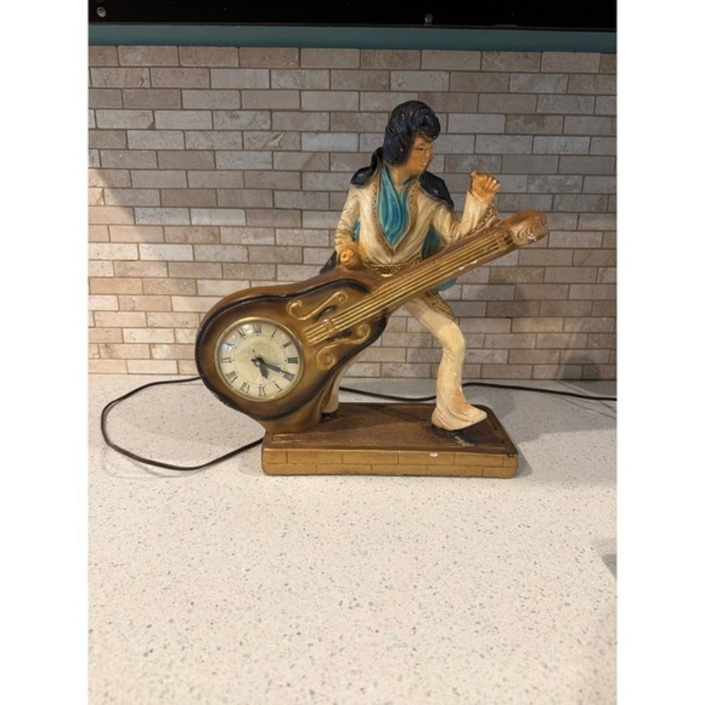 Vintage Elvis Bust Chalkware Mantel Clock Guitar Working Landshire